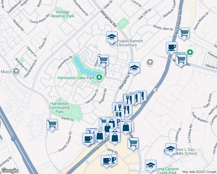 map of restaurants, bars, coffee shops, grocery stores, and more near 29001 Frankfort Lane in Temecula