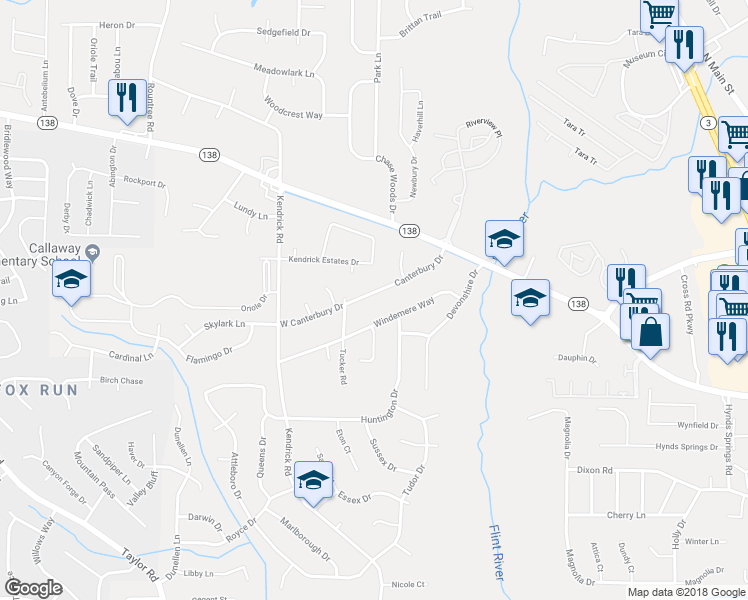 map of restaurants, bars, coffee shops, grocery stores, and more near 271 Canterbury Drive in Jonesboro