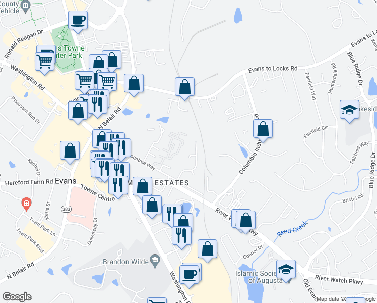 map of restaurants, bars, coffee shops, grocery stores, and more near 430 Evans Mill Court in Evans