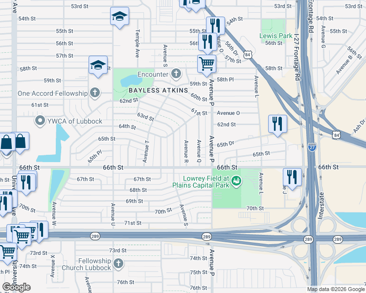 map of restaurants, bars, coffee shops, grocery stores, and more near 6115 Avenue S in Lubbock