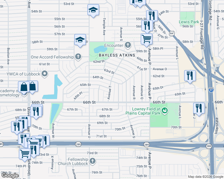 map of restaurants, bars, coffee shops, grocery stores, and more near 2001 65th Street in Lubbock