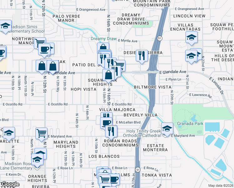 map of restaurants, bars, coffee shops, grocery stores, and more near 6729 North 16th Street in Phoenix