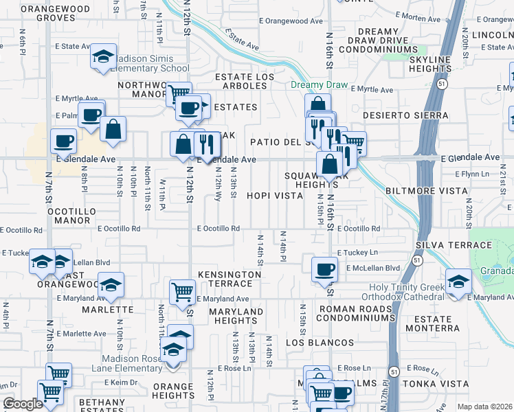map of restaurants, bars, coffee shops, grocery stores, and more near 6724 North 14th Street in Phoenix