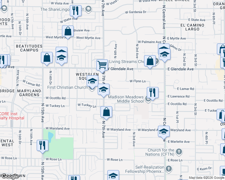 map of restaurants, bars, coffee shops, grocery stores, and more near 520 West Lawrence Road in Phoenix