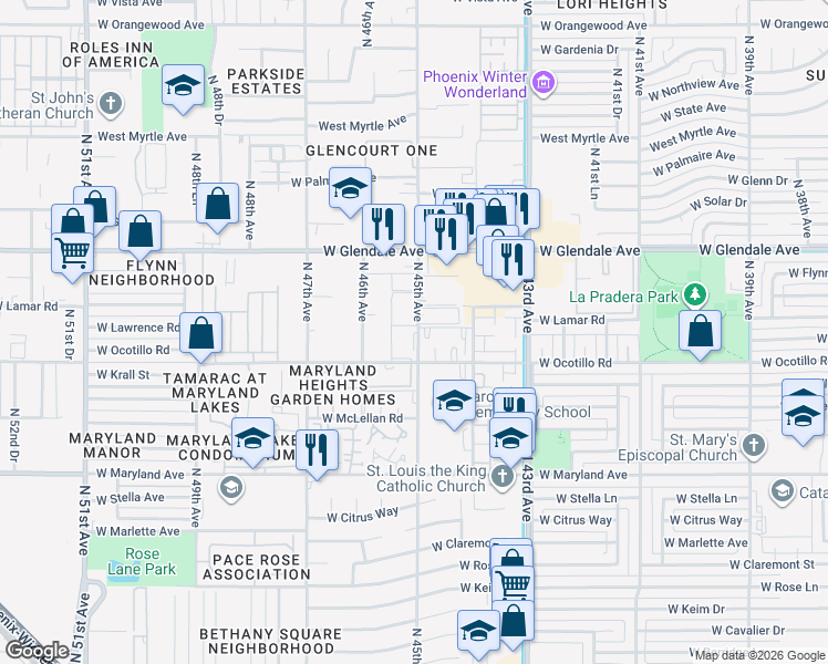 map of restaurants, bars, coffee shops, grocery stores, and more near 6738 North 45th Avenue in Glendale