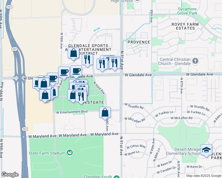 map of restaurants, bars, coffee shops, grocery stores, and more near 6851 North 93RD Avenue in Glendale