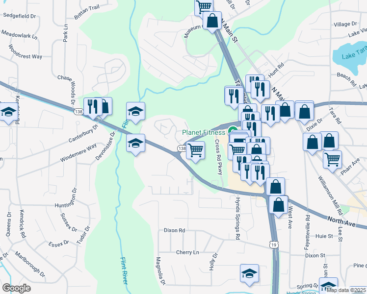 map of restaurants, bars, coffee shops, grocery stores, and more near in Clayton County