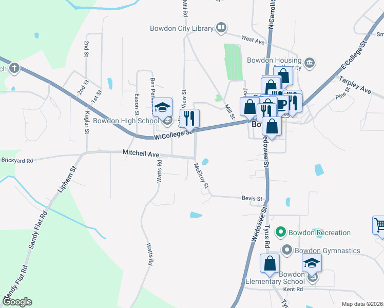 map of restaurants, bars, coffee shops, grocery stores, and more near 124 McElroy Street in Bowdon