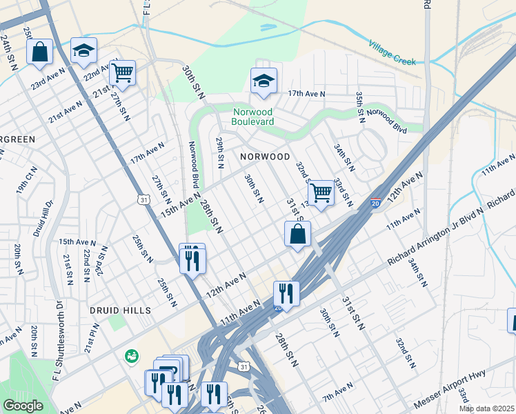 map of restaurants, bars, coffee shops, grocery stores, and more near 1312 30th Street North in Birmingham