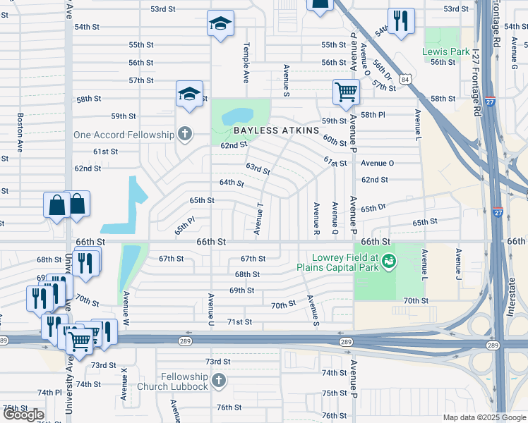 map of restaurants, bars, coffee shops, grocery stores, and more near 2001 65th Street in Lubbock