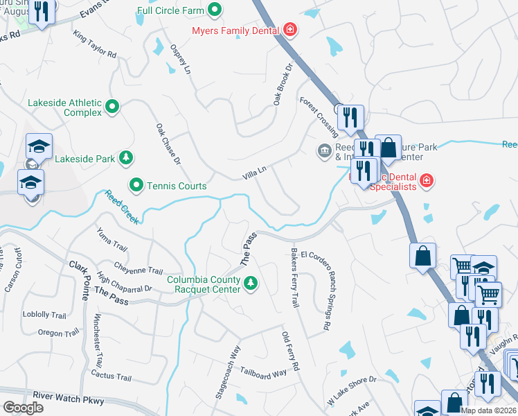 map of restaurants, bars, coffee shops, grocery stores, and more near 507 Crystal Creek West in Augusta