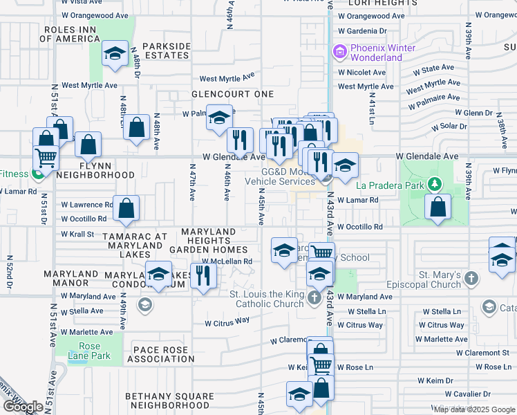 map of restaurants, bars, coffee shops, grocery stores, and more near 6738 North 45th Avenue in Glendale
