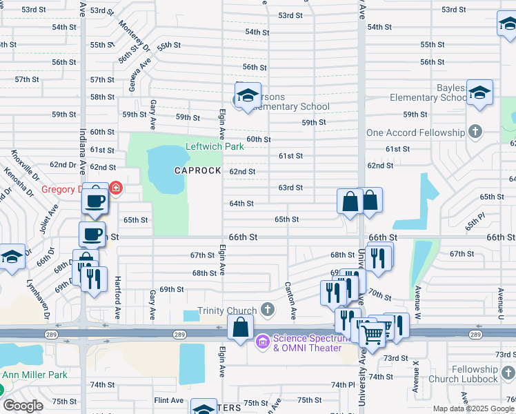 map of restaurants, bars, coffee shops, grocery stores, and more near 2817 64th Street in Lubbock