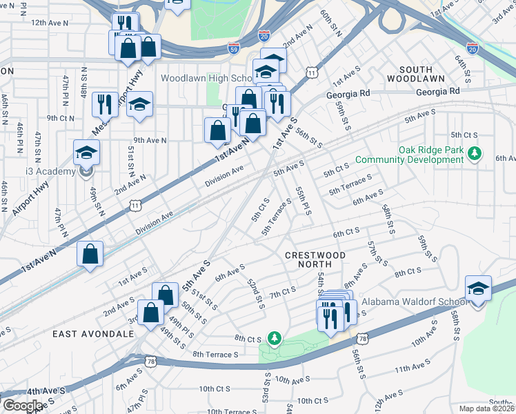 map of restaurants, bars, coffee shops, grocery stores, and more near 5402 5th Court South in Birmingham