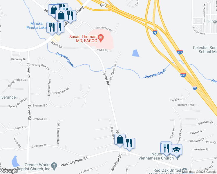 map of restaurants, bars, coffee shops, grocery stores, and more near 0 Speer Road in Stockbridge