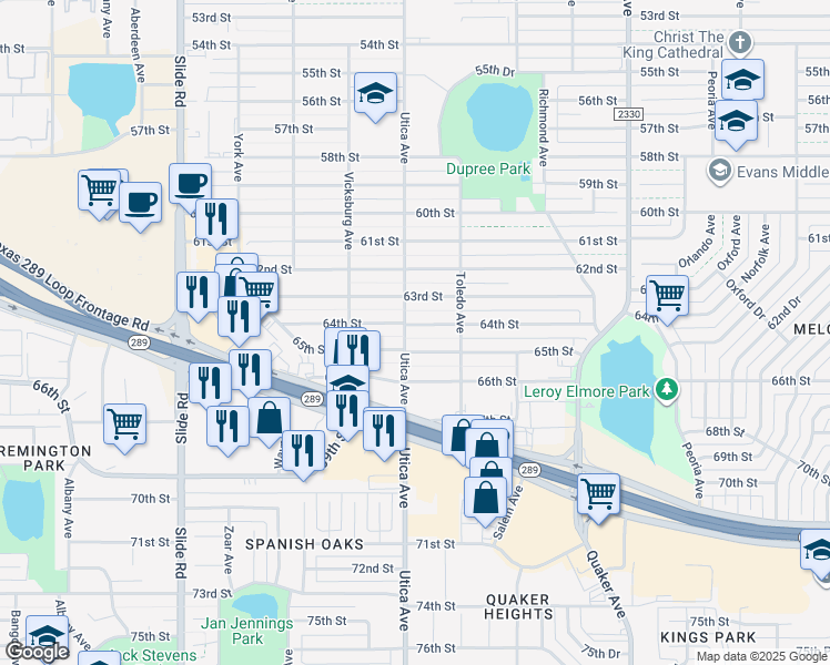 map of restaurants, bars, coffee shops, grocery stores, and more near 4717 64th Street in Lubbock