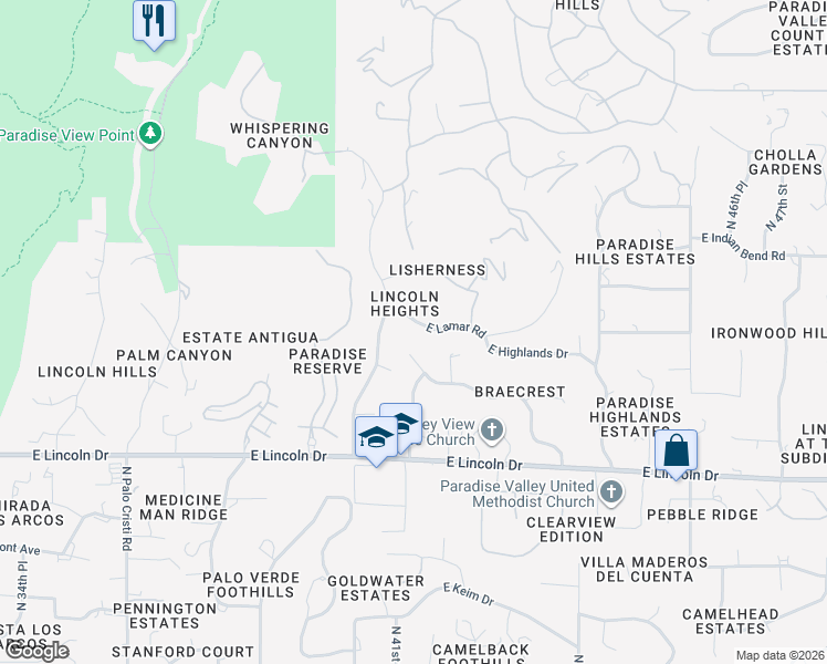 map of restaurants, bars, coffee shops, grocery stores, and more near 4002 East Desert Crest Drive in Paradise Valley