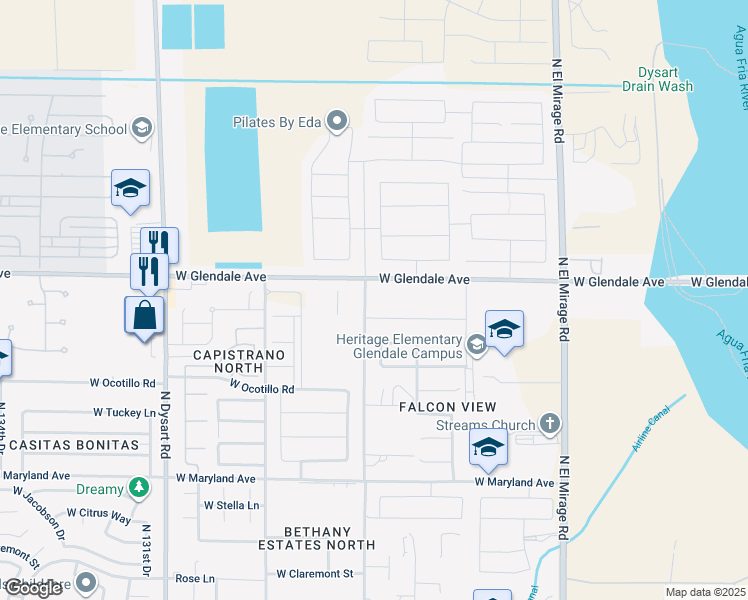map of restaurants, bars, coffee shops, grocery stores, and more near North 127th Avenue in Glendale