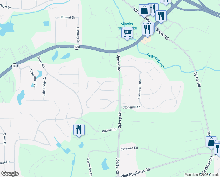 map of restaurants, bars, coffee shops, grocery stores, and more near 317 Fernhill Court in Jonesboro