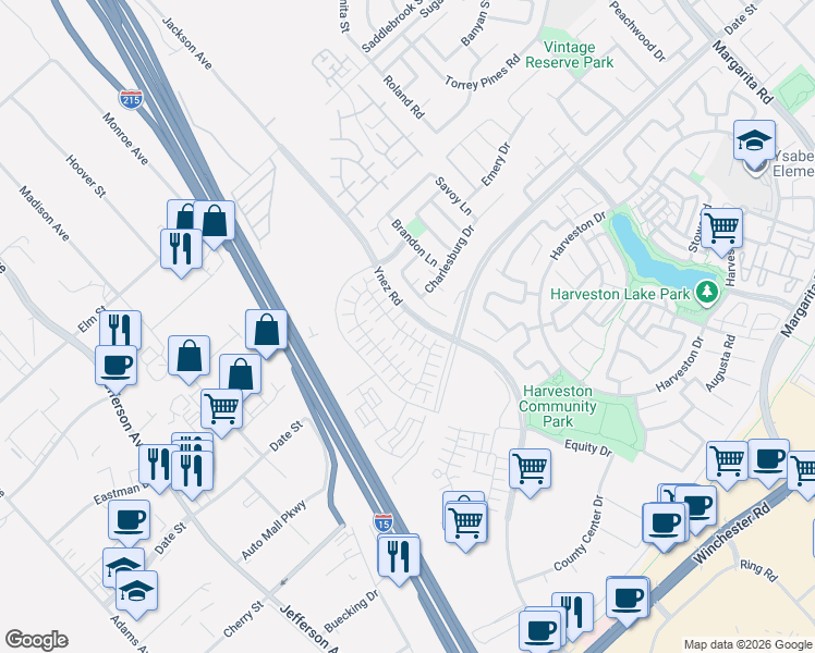 map of restaurants, bars, coffee shops, grocery stores, and more near 40578 Birchfield Drive in Temecula