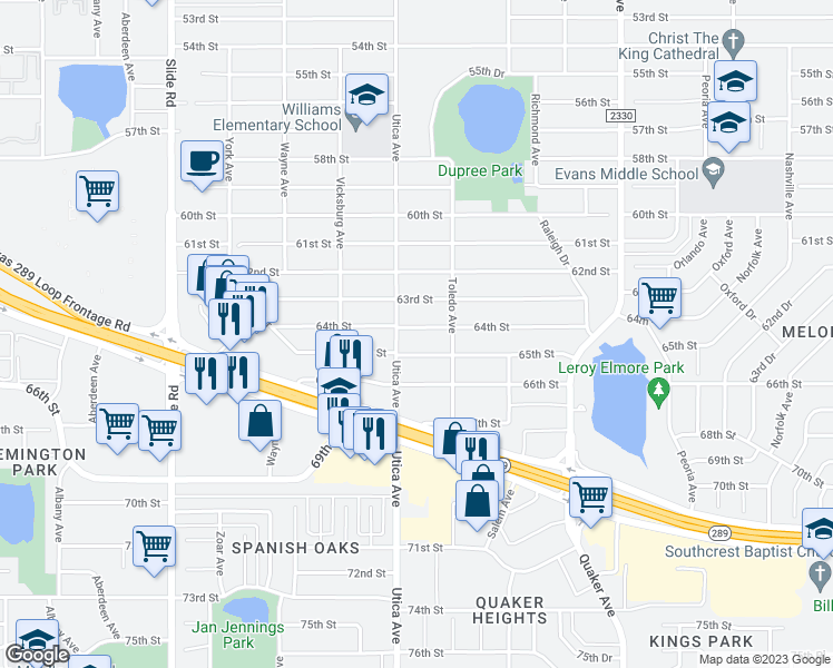 map of restaurants, bars, coffee shops, grocery stores, and more near 4713 64th Street in Lubbock