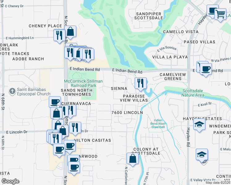 map of restaurants, bars, coffee shops, grocery stores, and more near 6711 North Rocking Road in Scottsdale