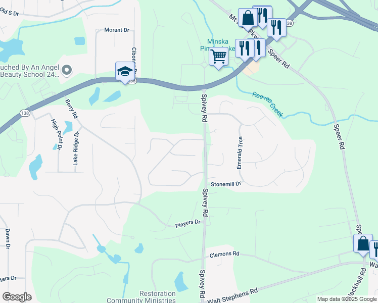 map of restaurants, bars, coffee shops, grocery stores, and more near 317 Fernhill Court in Jonesboro