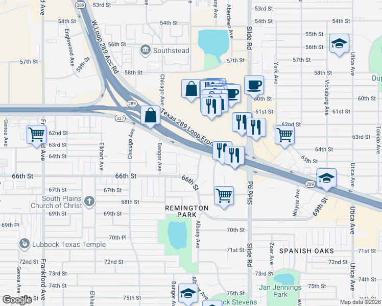 map of restaurants, bars, coffee shops, grocery stores, and more near 6402 Albany Avenue in Lubbock