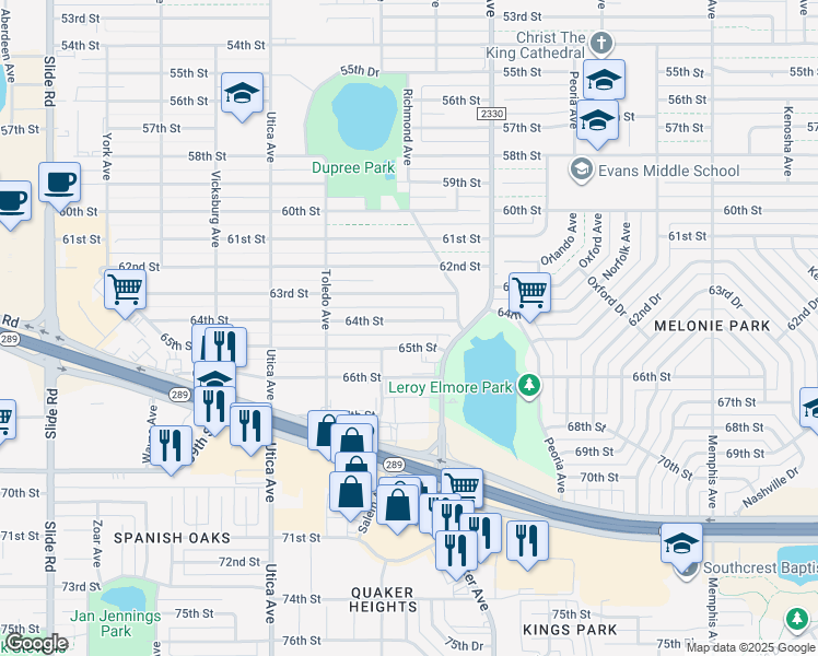 map of restaurants, bars, coffee shops, grocery stores, and more near 4513 64th Street in Lubbock
