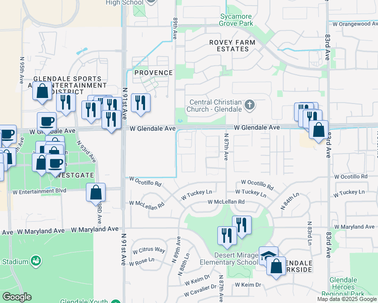 map of restaurants, bars, coffee shops, grocery stores, and more near 8835 West Fleetwood Lane in Glendale