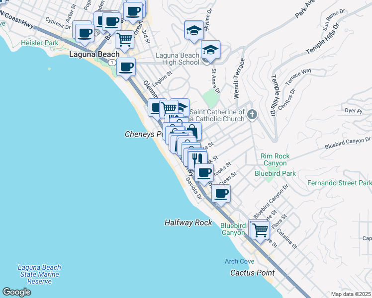 map of restaurants, bars, coffee shops, grocery stores, and more near 939 Glenneyre Street in Laguna Beach
