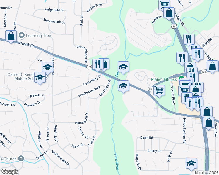 map of restaurants, bars, coffee shops, grocery stores, and more near 7994 Devonshire Drive in Jonesboro