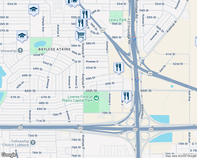 map of restaurants, bars, coffee shops, grocery stores, and more near 1312 65th Street in Lubbock