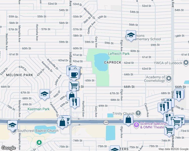 map of restaurants, bars, coffee shops, grocery stores, and more near 3202 65th Street in Lubbock