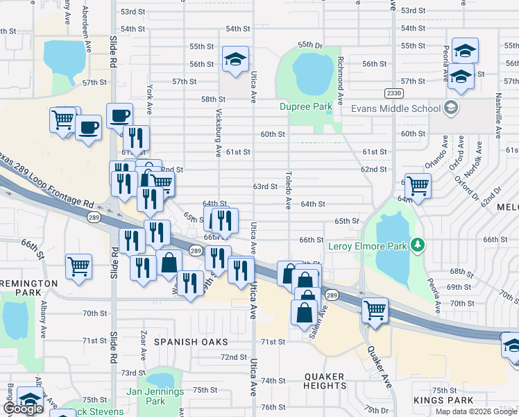 map of restaurants, bars, coffee shops, grocery stores, and more near 4714 65th Street in Lubbock