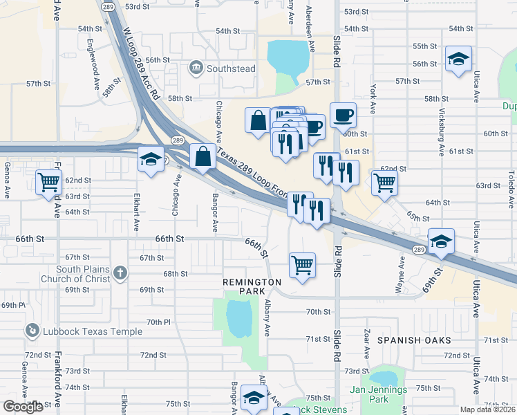 map of restaurants, bars, coffee shops, grocery stores, and more near 6402 Albany Avenue in Lubbock