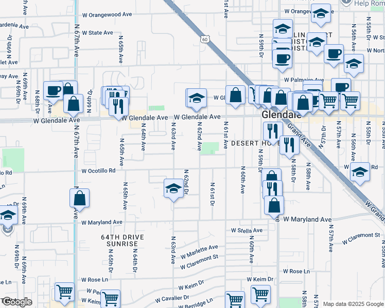 map of restaurants, bars, coffee shops, grocery stores, and more near 6220 West Ocotillo Road in Glendale