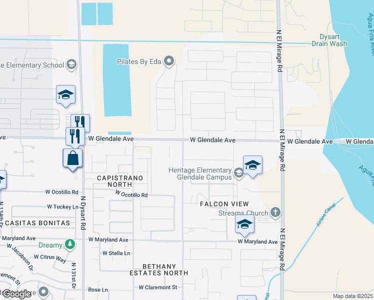 map of restaurants, bars, coffee shops, grocery stores, and more near North 127th Avenue in Glendale