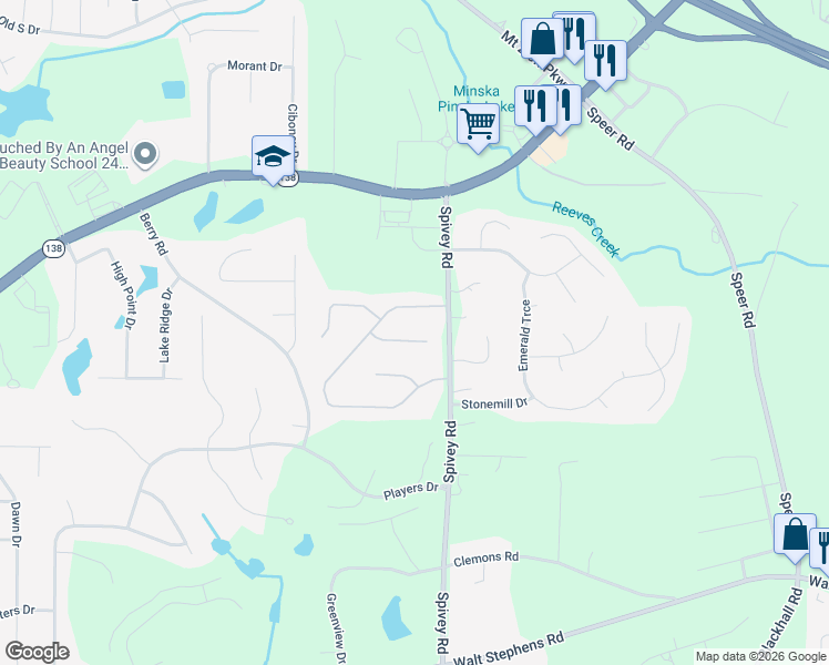 map of restaurants, bars, coffee shops, grocery stores, and more near 317 Fernhill Court in Jonesboro