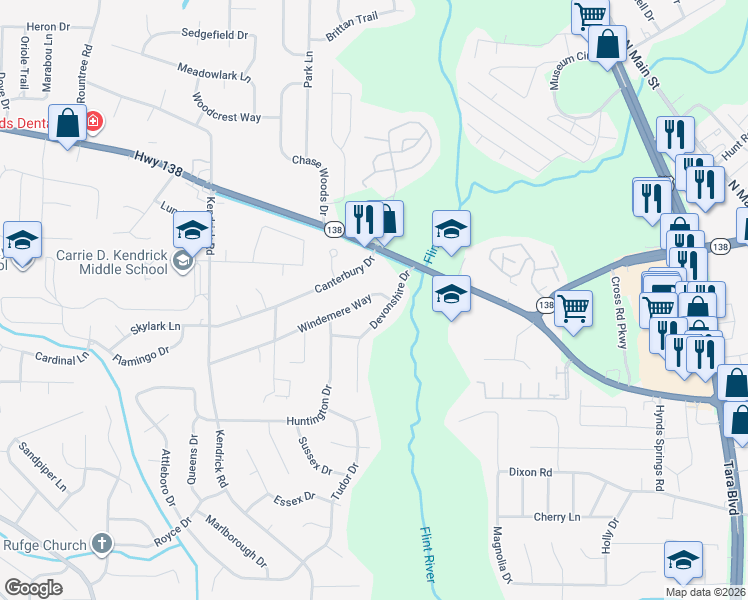 map of restaurants, bars, coffee shops, grocery stores, and more near 369 Windemere Way in Jonesboro