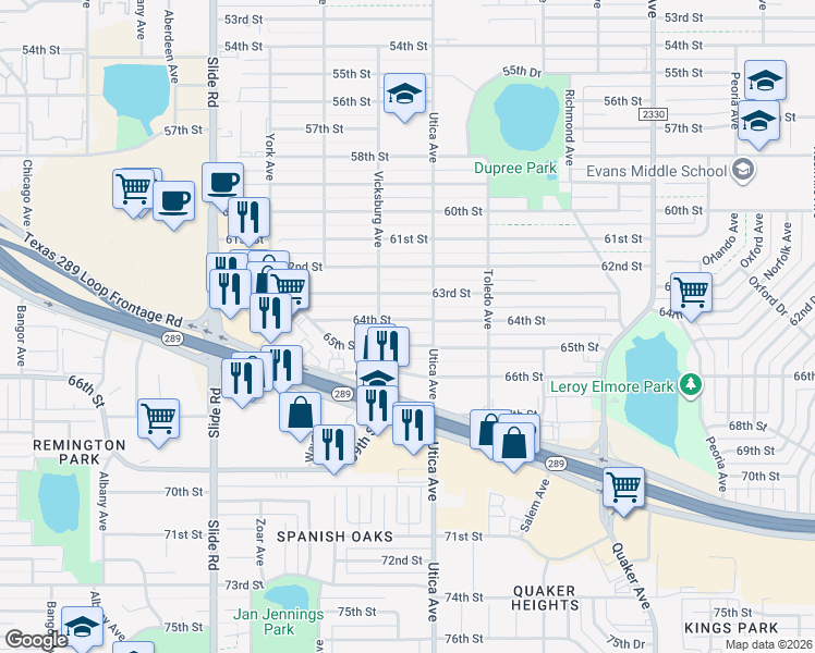 map of restaurants, bars, coffee shops, grocery stores, and more near 4808 65th Street in Lubbock