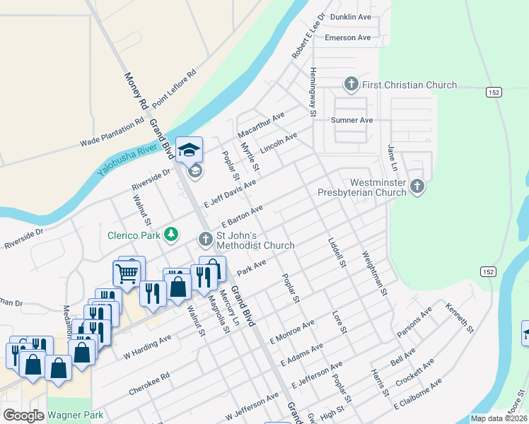 map of restaurants, bars, coffee shops, grocery stores, and more near 1000 Poplar Street in Greenwood