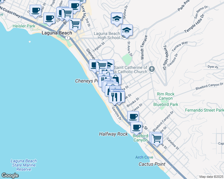 map of restaurants, bars, coffee shops, grocery stores, and more near 939 Glenneyre Street in Laguna Beach