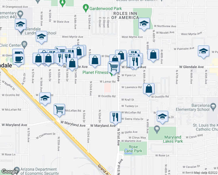 map of restaurants, bars, coffee shops, grocery stores, and more near 5141 West Lamar Road in Glendale