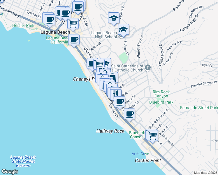 map of restaurants, bars, coffee shops, grocery stores, and more near 939 Glenneyre Street in Laguna Beach
