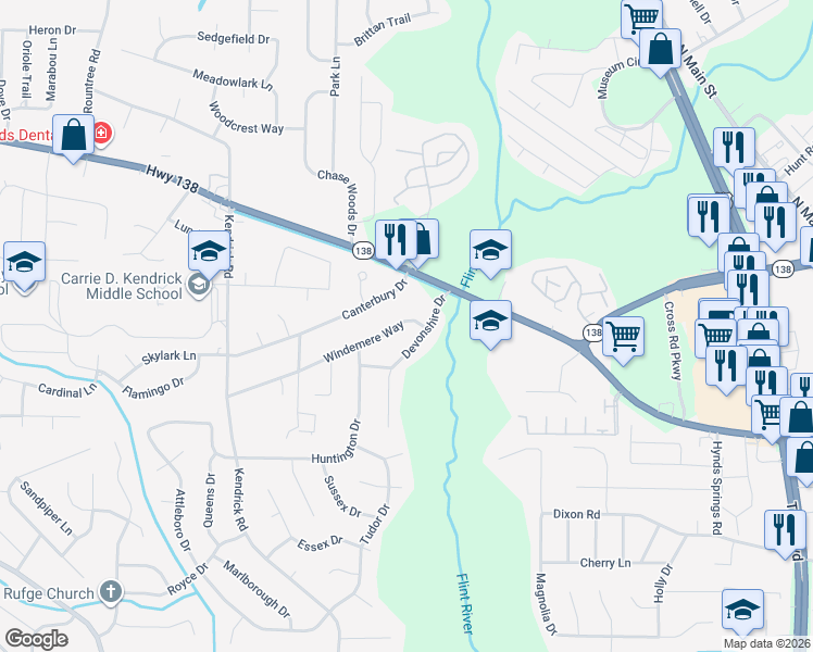 map of restaurants, bars, coffee shops, grocery stores, and more near 369 Windemere Way in Jonesboro