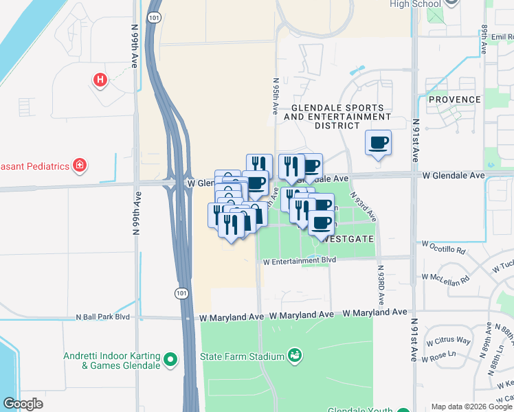 map of restaurants, bars, coffee shops, grocery stores, and more near 6922 North 95th Avenue in Glendale