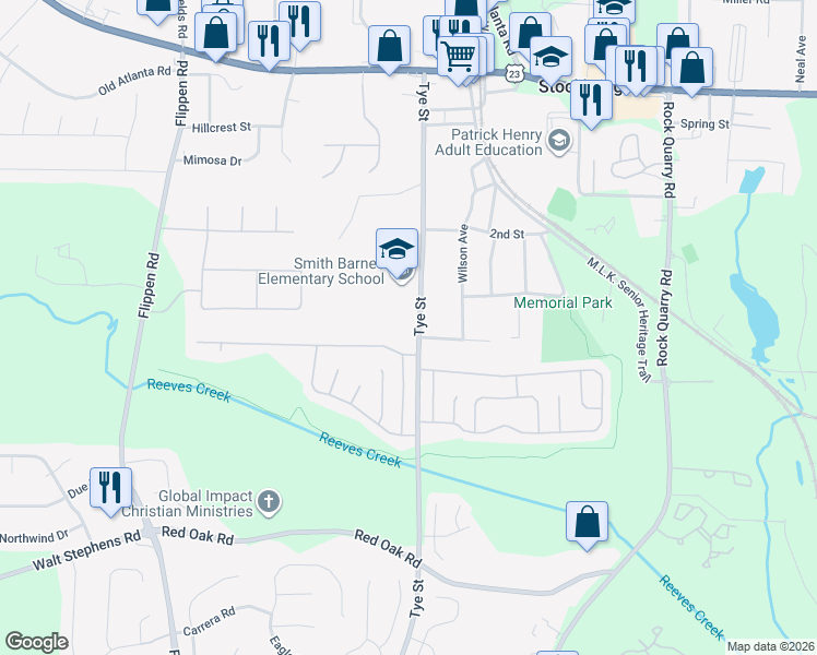 map of restaurants, bars, coffee shops, grocery stores, and more near 155 Tye Street in Stockbridge