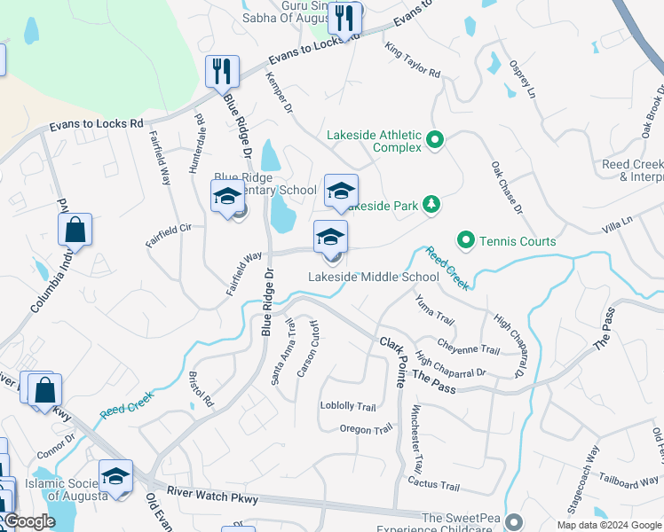 map of restaurants, bars, coffee shops, grocery stores, and more near 527 Blue Ridge Drive in Evans