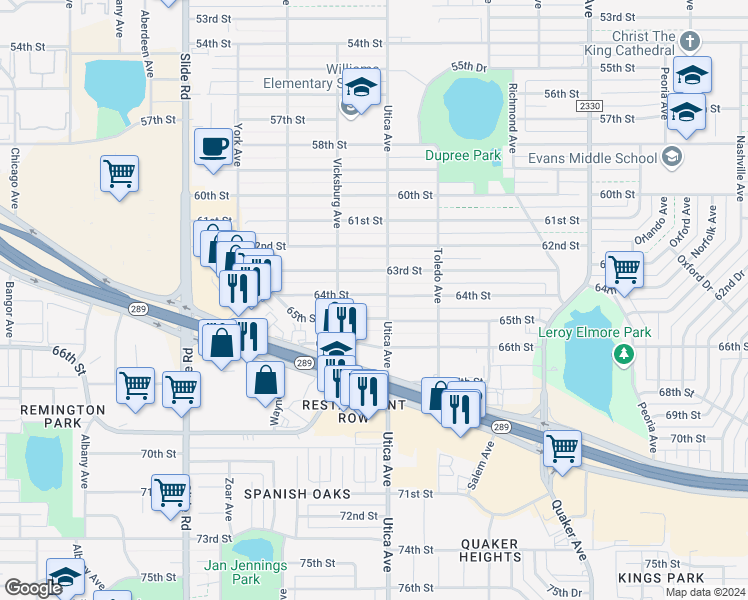 map of restaurants, bars, coffee shops, grocery stores, and more near 4805 64th Street in Lubbock